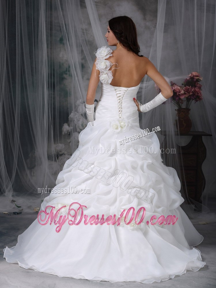 Handle Flowers One Shoulder Dress for Wedding with Ruching and Pick-ups
