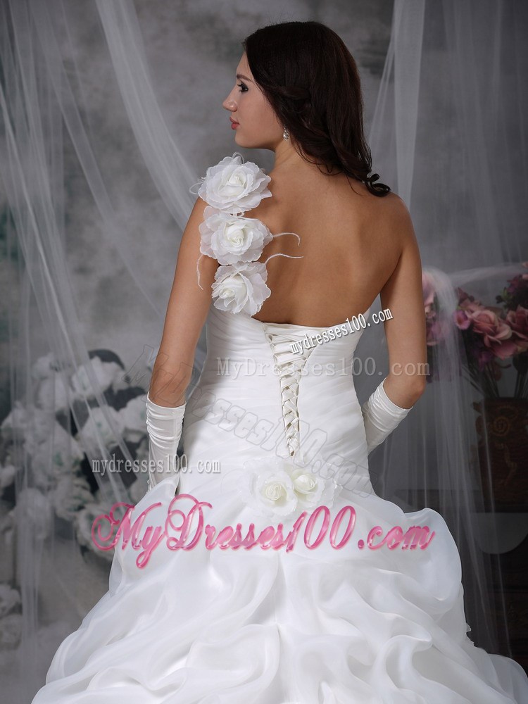 Handle Flowers One Shoulder Dress for Wedding with Ruching and Pick-ups