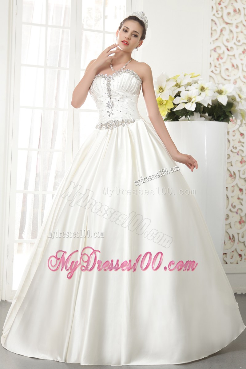 Luxurious Full Length Ball Gown Ruching Wedding Dress with Beading Neckline