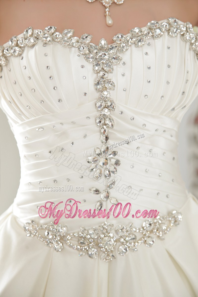 Luxurious Full Length Ball Gown Ruching Wedding Dress with Beading Neckline