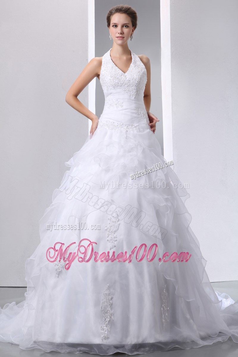 Jewelry and Appliques Halter Top Dresses for Brides with Ruffles and Sweep Train