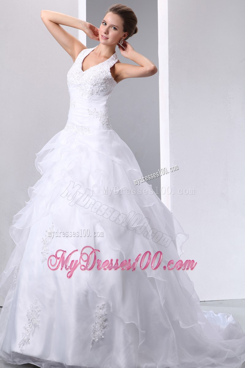 Jewelry and Appliques Halter Top Dresses for Brides with Ruffles and Sweep Train