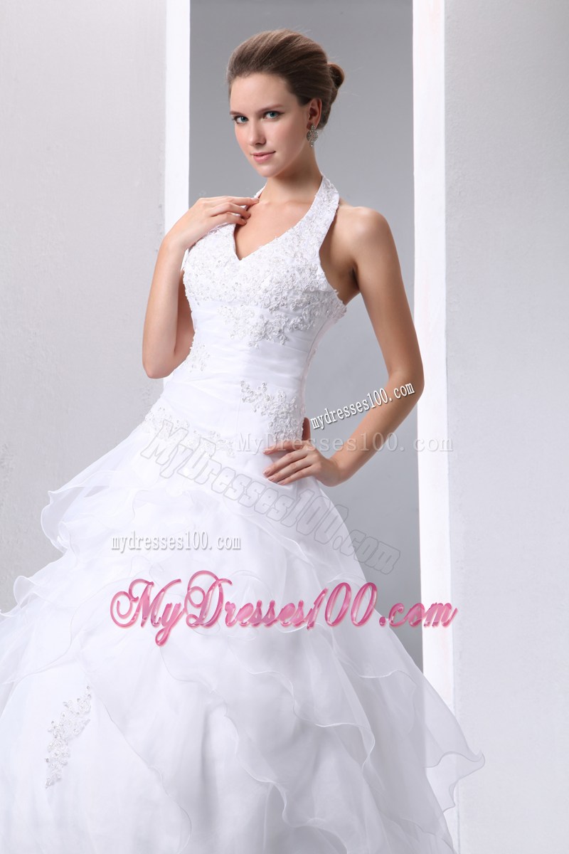Jewelry and Appliques Halter Top Dresses for Brides with Ruffles and Sweep Train