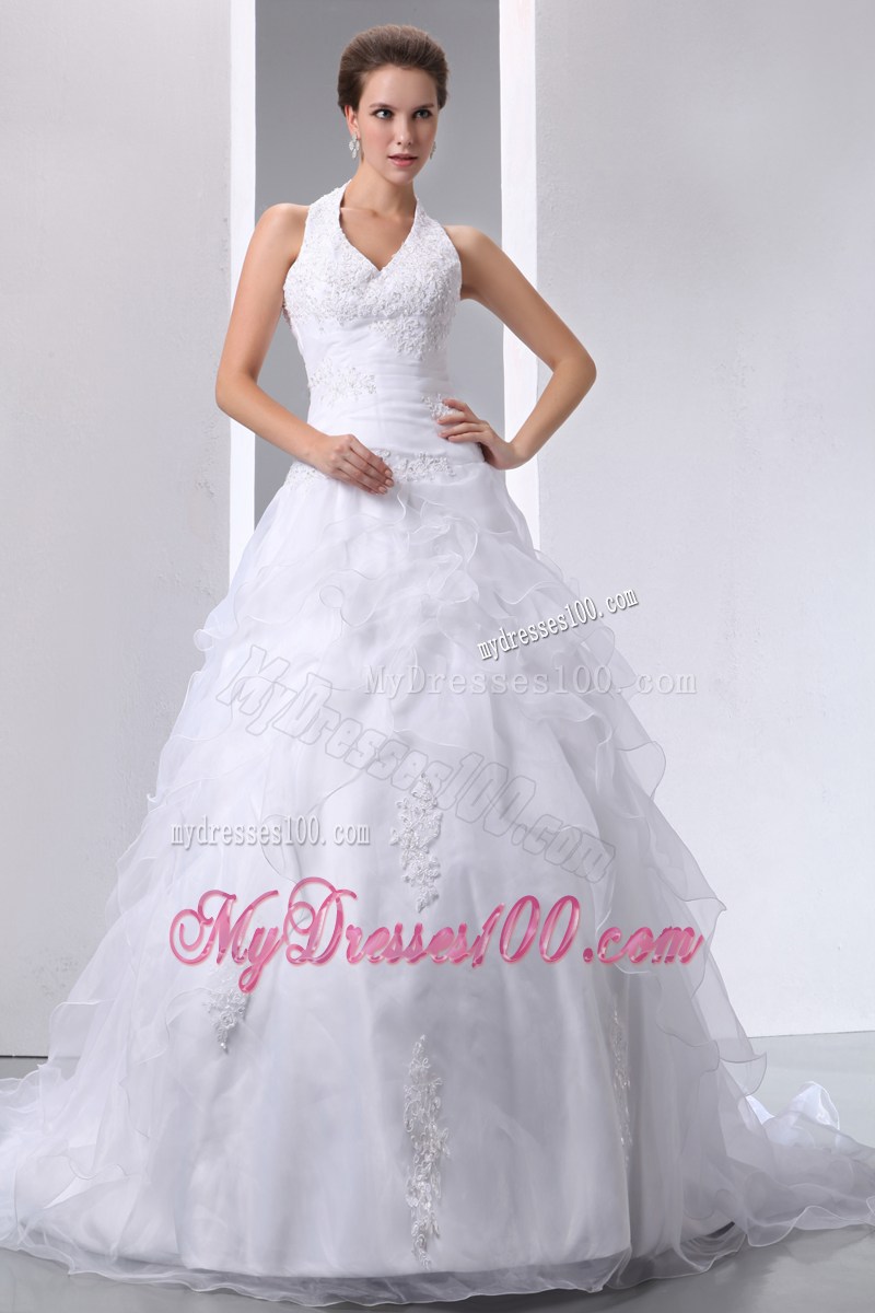 Jewelry and Appliques Halter Top Dresses for Brides with Ruffles and Sweep Train