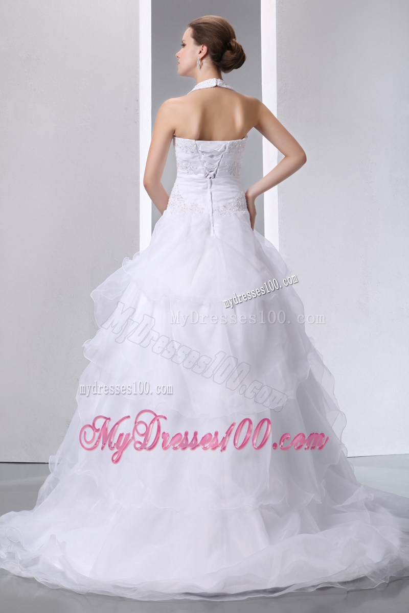 Jewelry and Appliques Halter Top Dresses for Brides with Ruffles and Sweep Train