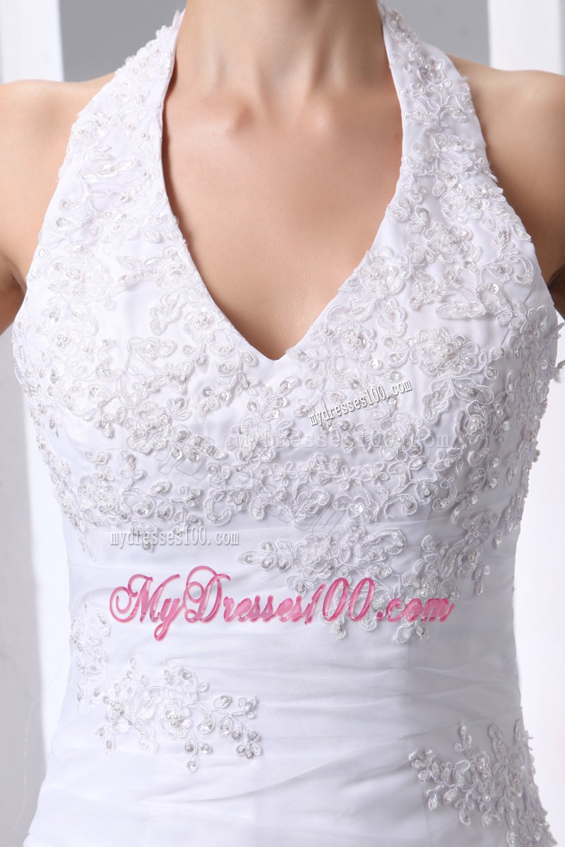Jewelry and Appliques Halter Top Dresses for Brides with Ruffles and Sweep Train