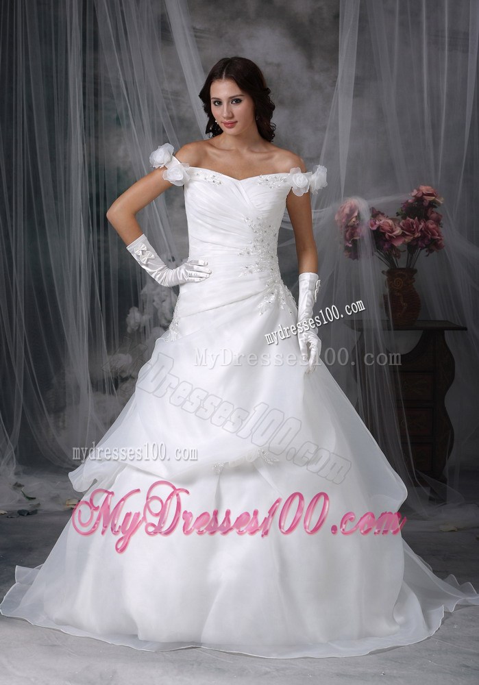 Hand Made Flower Off The Shoulder Brush Train Pick-ups Dress for Wedding