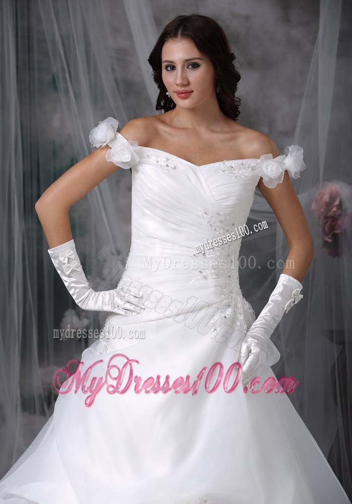Hand Made Flower Off The Shoulder Brush Train Pick-ups Dress for Wedding