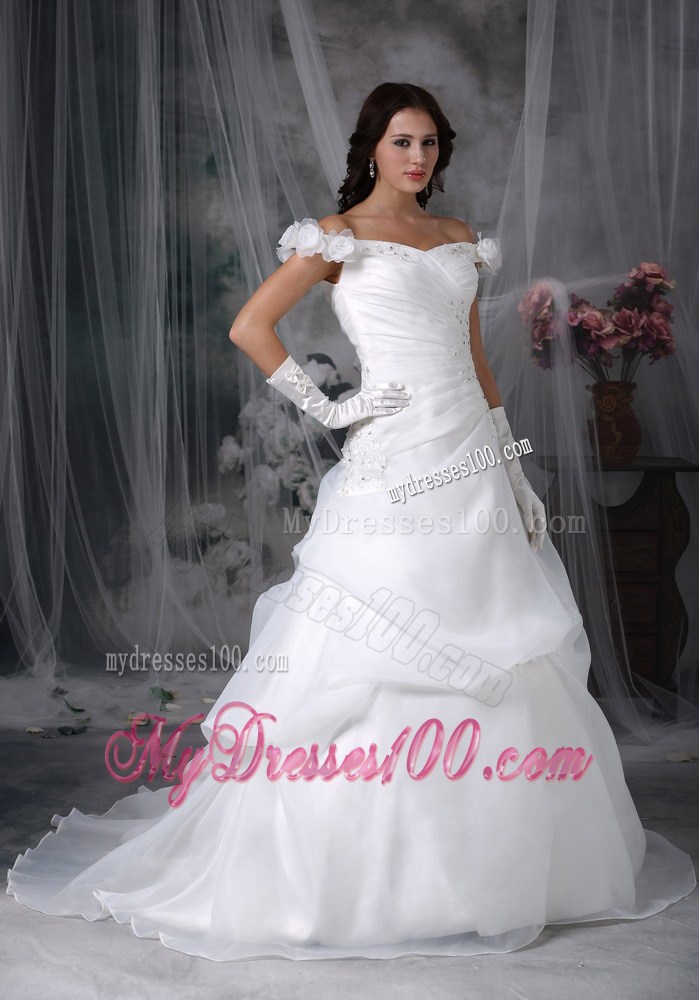 Hand Made Flower Off The Shoulder Brush Train Pick-ups Dress for Wedding