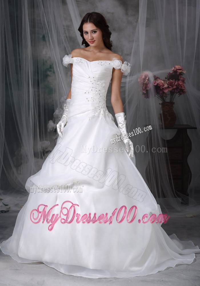 Hand Made Flower Off The Shoulder Brush Train Pick-ups Dress for Wedding