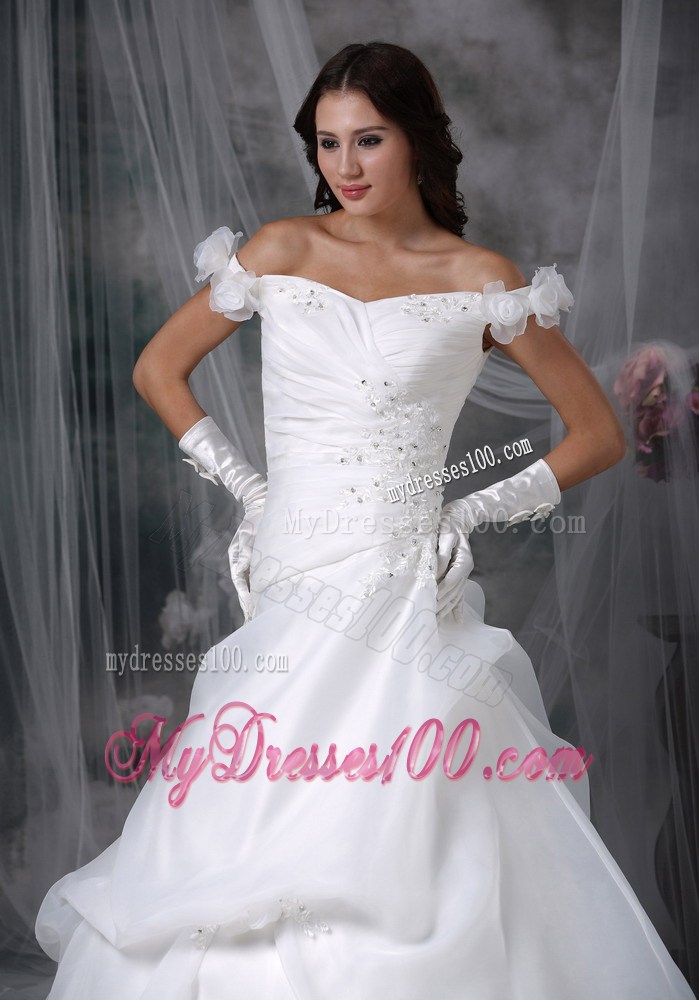 Hand Made Flower Off The Shoulder Brush Train Pick-ups Dress for Wedding