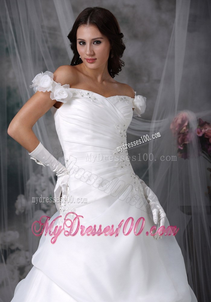 Hand Made Flower Off The Shoulder Brush Train Pick-ups Dress for Wedding
