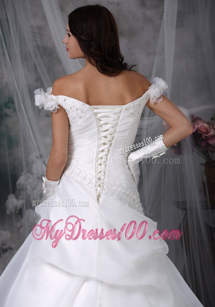 Hand Made Flower Off The Shoulder Brush Train Pick-ups Dress for Wedding