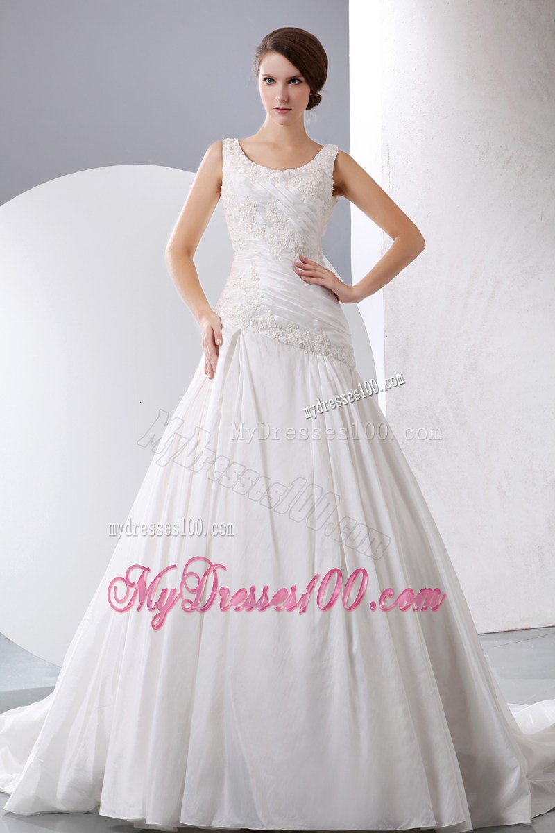 Scoop Ruching and Beaded Appliques Decorated Dresses for Brides with Brush Train
