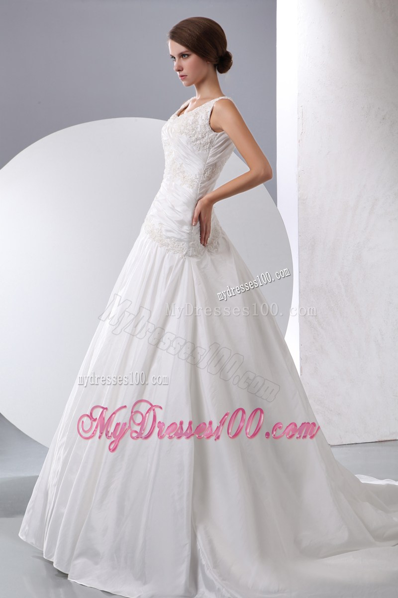 Scoop Ruching and Beaded Appliques Decorated Dresses for Brides with Brush Train