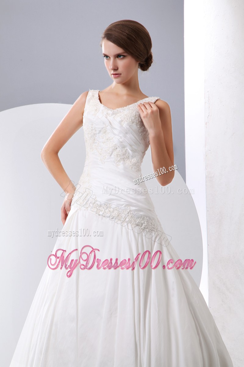 Scoop Ruching and Beaded Appliques Decorated Dresses for Brides with Brush Train