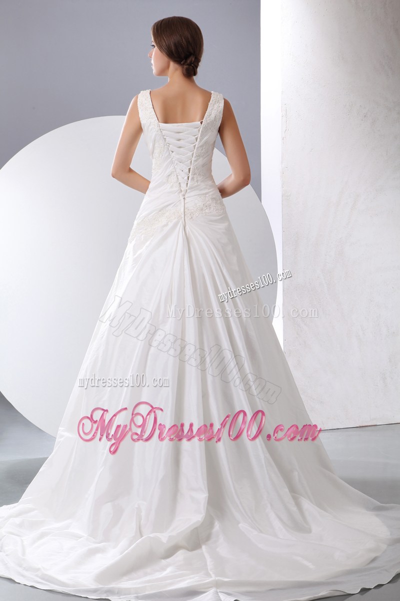 Scoop Ruching and Beaded Appliques Decorated Dresses for Brides with Brush Train