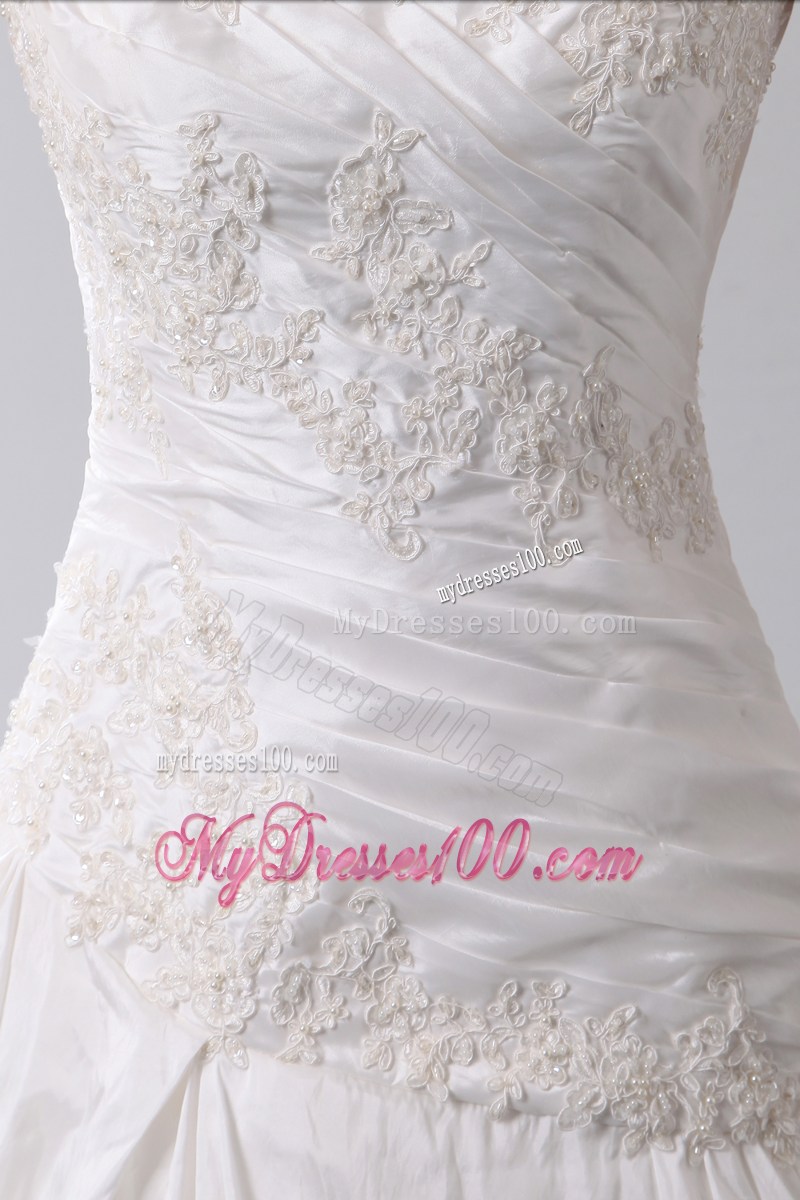 Scoop Ruching and Beaded Appliques Decorated Dresses for Brides with Brush Train