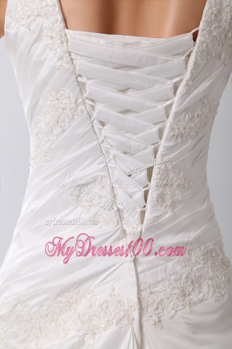 Scoop Ruching and Beaded Appliques Decorated Dresses for Brides with Brush Train