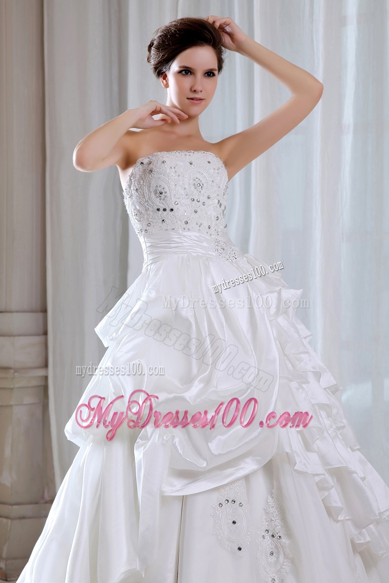 Pick-ups and Beadings Wedding Gown with Lace Edge and Ruched Sash