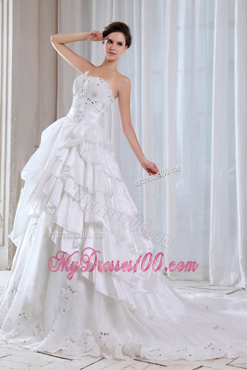 Pick-ups and Beadings Wedding Gown with Lace Edge and Ruched Sash
