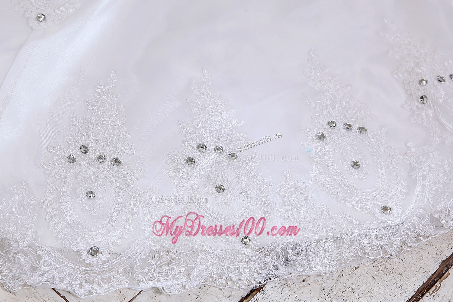Pick-ups and Beadings Wedding Gown with Lace Edge and Ruched Sash