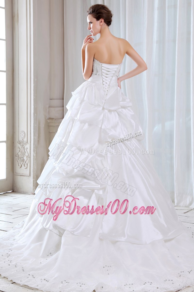 Pick-ups and Beadings Wedding Gown with Lace Edge and Ruched Sash