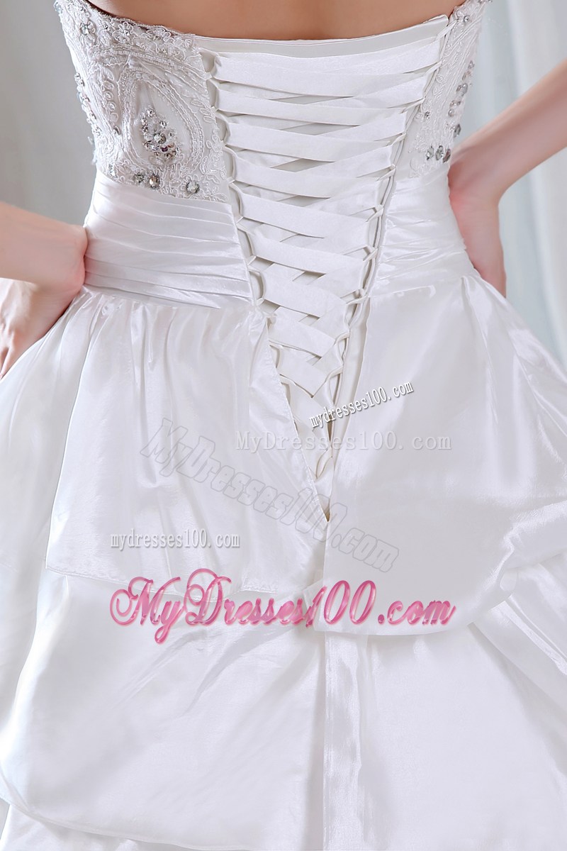 Pick-ups and Beadings Wedding Gown with Lace Edge and Ruched Sash