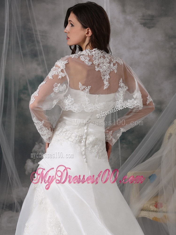 Simple Strapless Court Train Lace Appliques White Wedding Gown