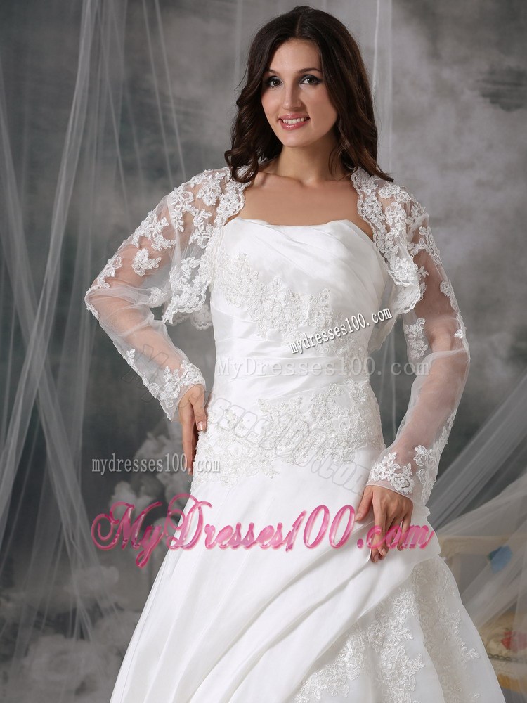 Simple Strapless Court Train Lace Appliques White Wedding Gown