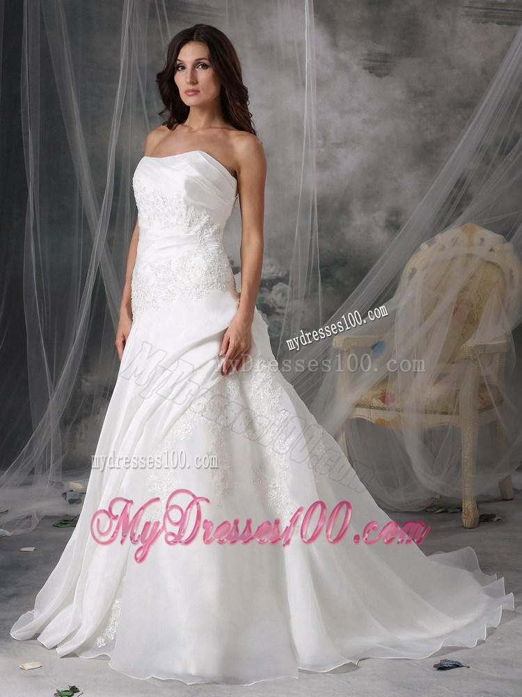 Simple Strapless Court Train Lace Appliques White Wedding Gown