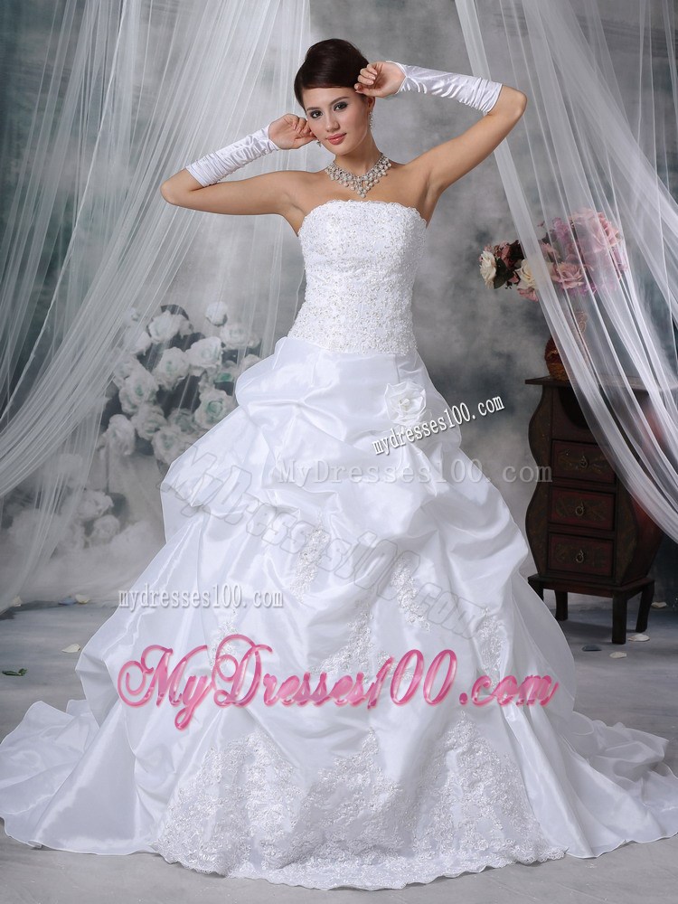 Flowers and Appliques Accent Court Train Bridal Gown with Pick-ups