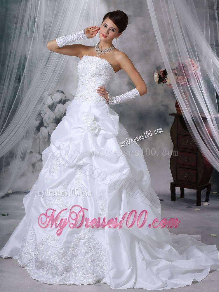 Flowers and Appliques Accent Court Train Bridal Gown with Pick-ups