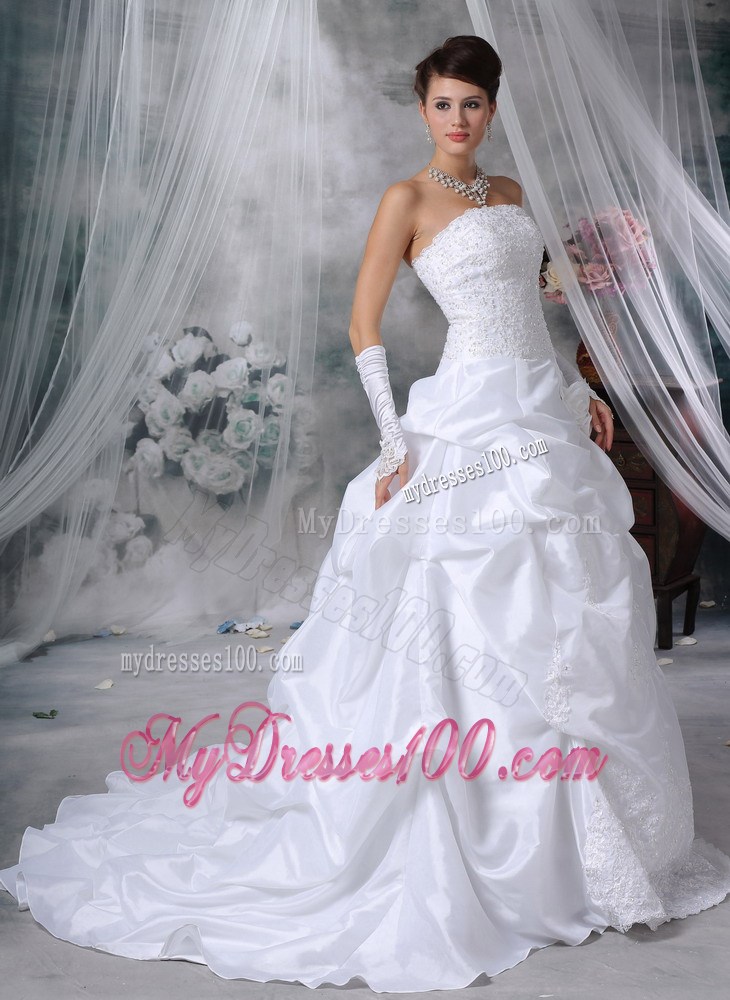 Flowers and Appliques Accent Court Train Bridal Gown with Pick-ups