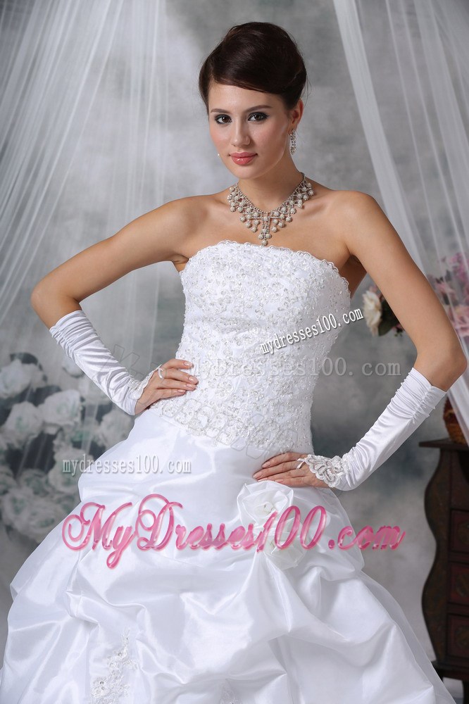 Flowers and Appliques Accent Court Train Bridal Gown with Pick-ups