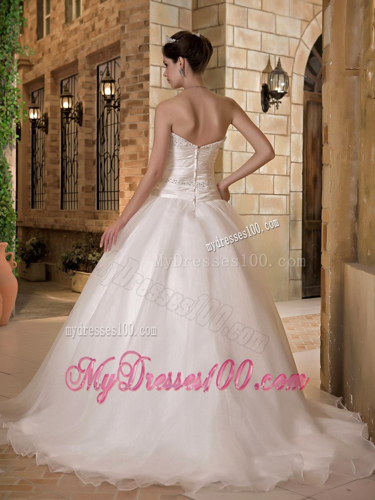 Jewelries and Ruching Brush Train Wedding Dresses Unique from Bowknot
