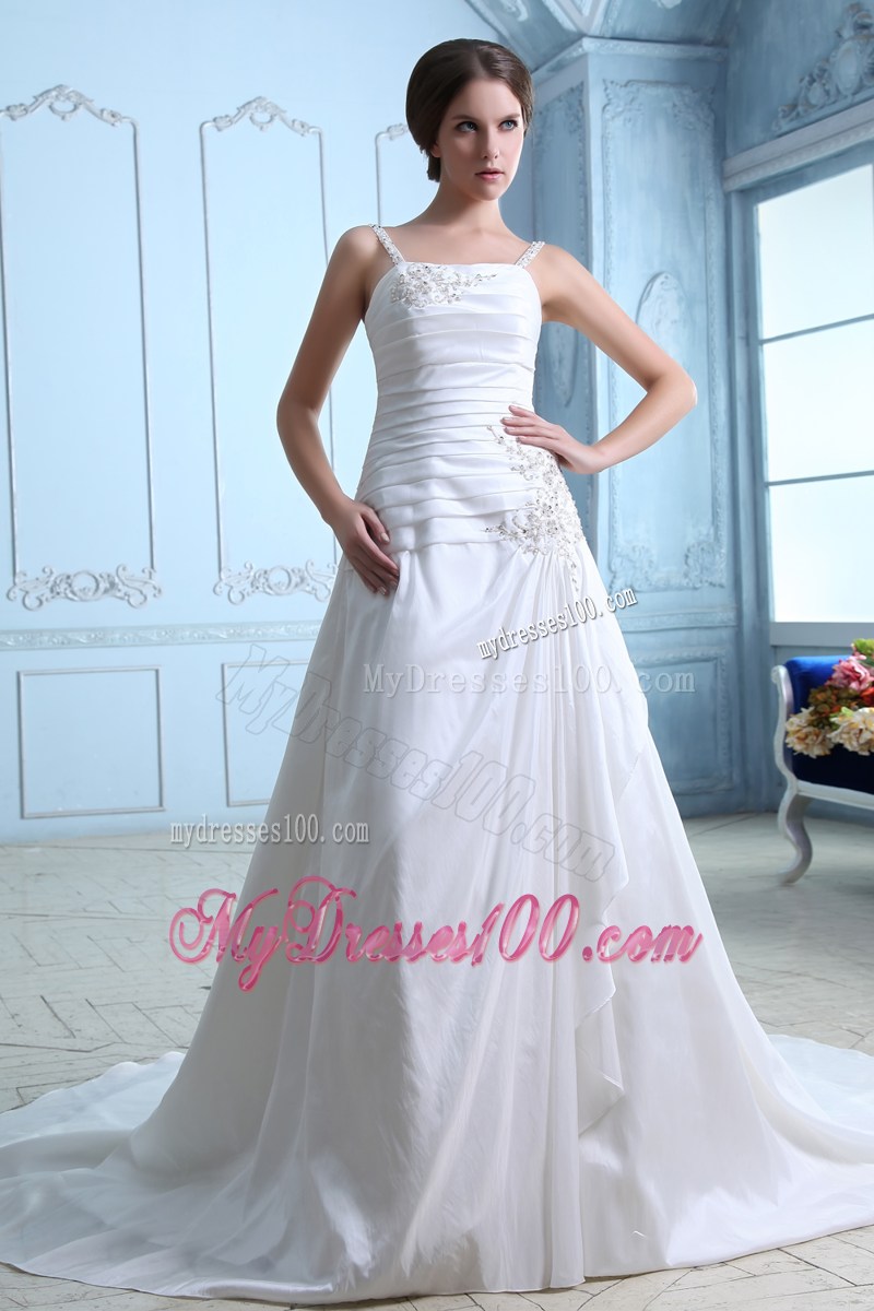 Spaghetti Straps Ruching Beading and Embroidery Decorated Wedding Dress