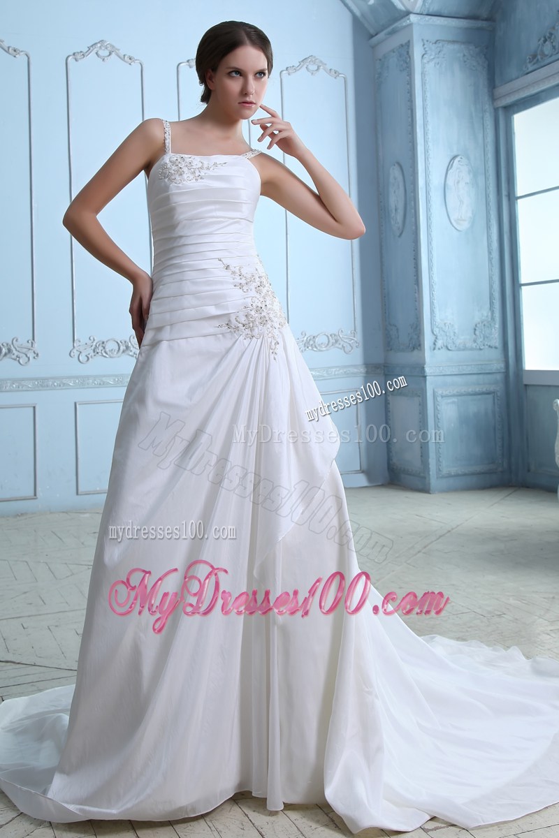 Spaghetti Straps Ruching Beading and Embroidery Decorated Wedding Dress