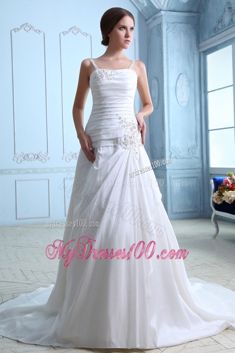 Spaghetti Straps Ruching Beading and Embroidery Decorated Wedding Dress