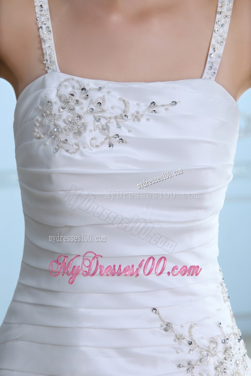 Spaghetti Straps Ruching Beading and Embroidery Decorated Wedding Dress