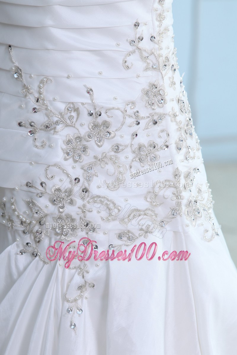 Spaghetti Straps Ruching Beading and Embroidery Decorated Wedding Dress