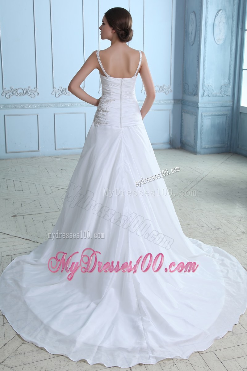 Spaghetti Straps Ruching Beading and Embroidery Decorated Wedding Dress