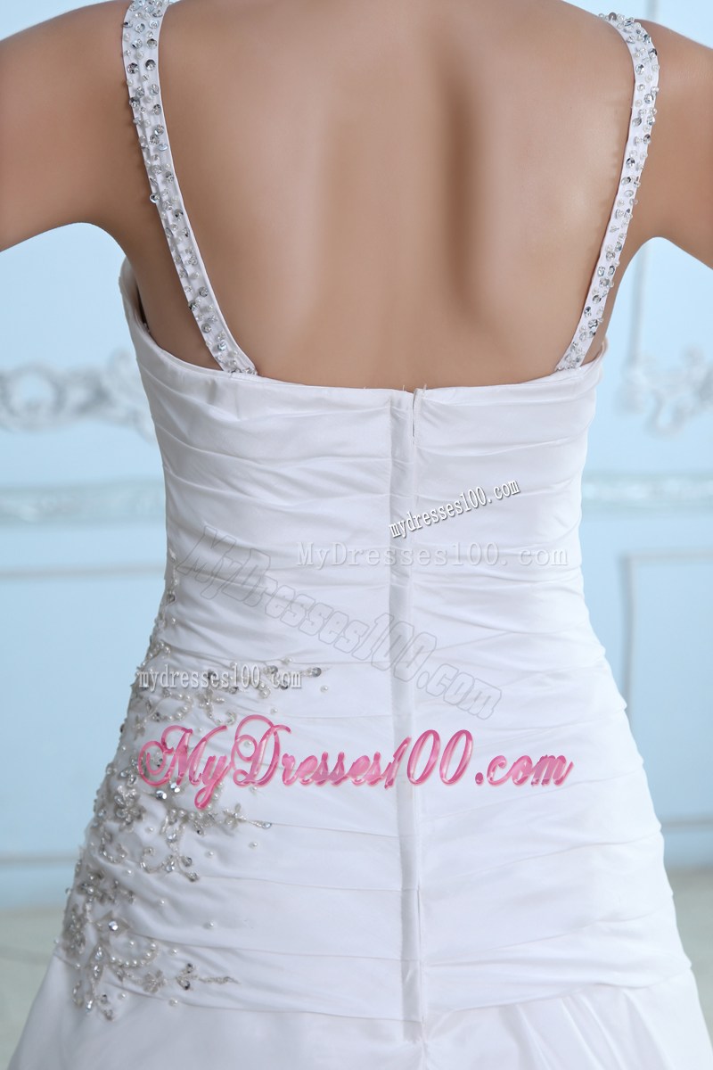 Spaghetti Straps Ruching Beading and Embroidery Decorated Wedding Dress