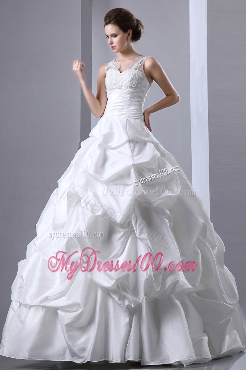 V-neck Floor-length Taffeta Wedding Dress with Appliques and Pick-ups