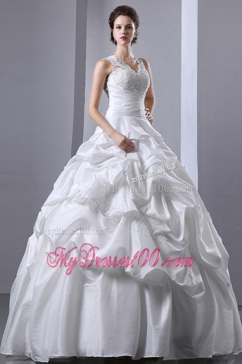 V-neck Floor-length Taffeta Wedding Dress with Appliques and Pick-ups