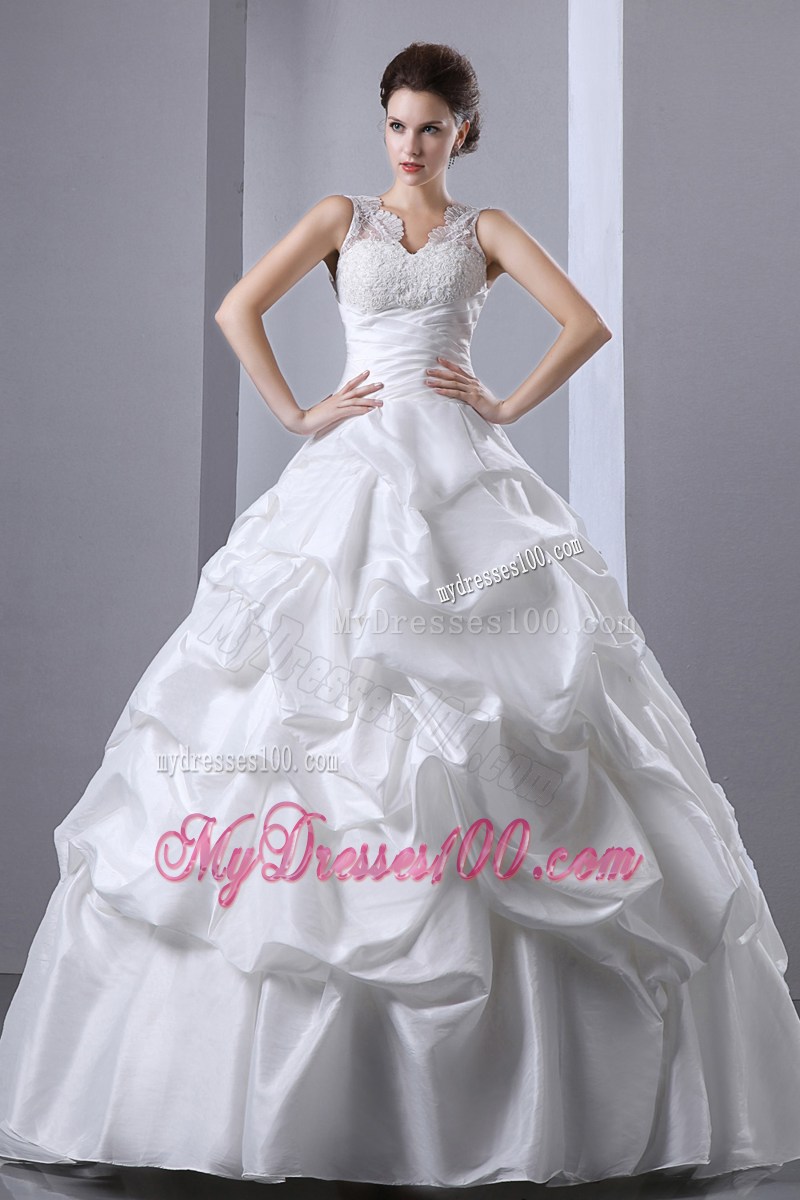 V-neck Floor-length Taffeta Wedding Dress with Appliques and Pick-ups