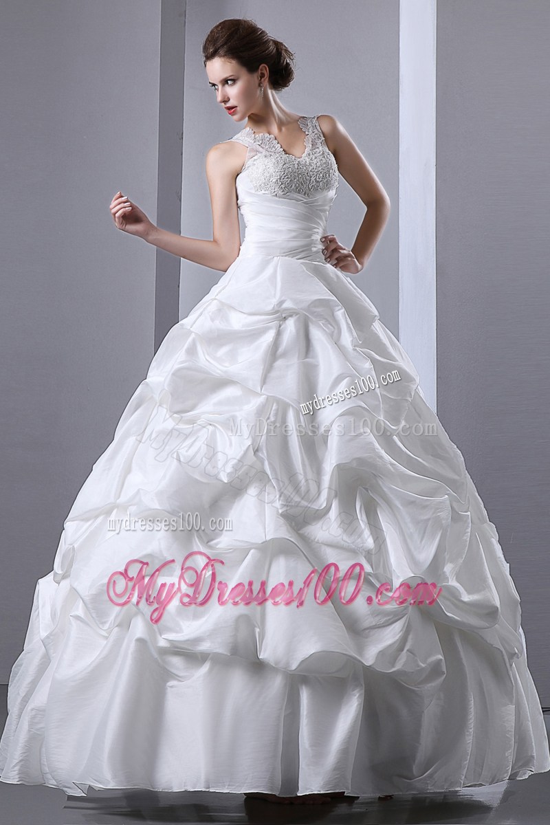 V-neck Floor-length Taffeta Wedding Dress with Appliques and Pick-ups