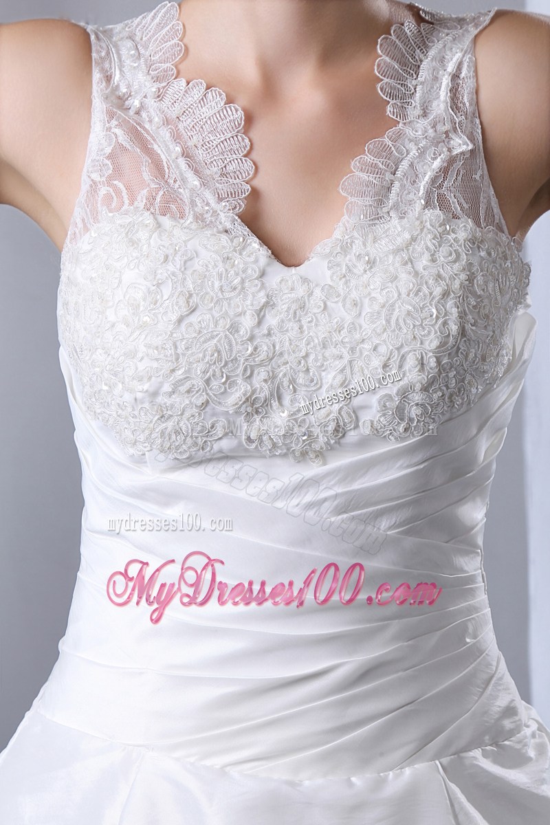 V-neck Floor-length Taffeta Wedding Dress with Appliques and Pick-ups