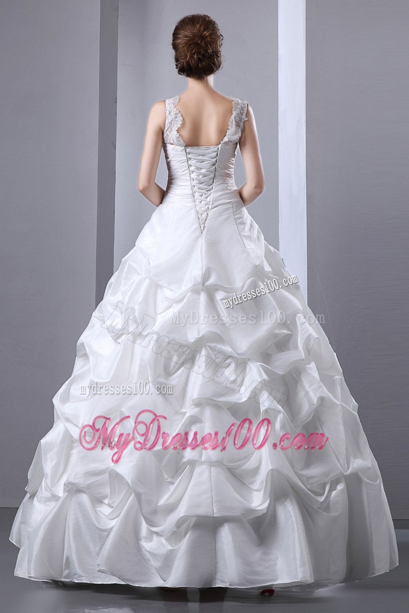 V-neck Floor-length Taffeta Wedding Dress with Appliques and Pick-ups