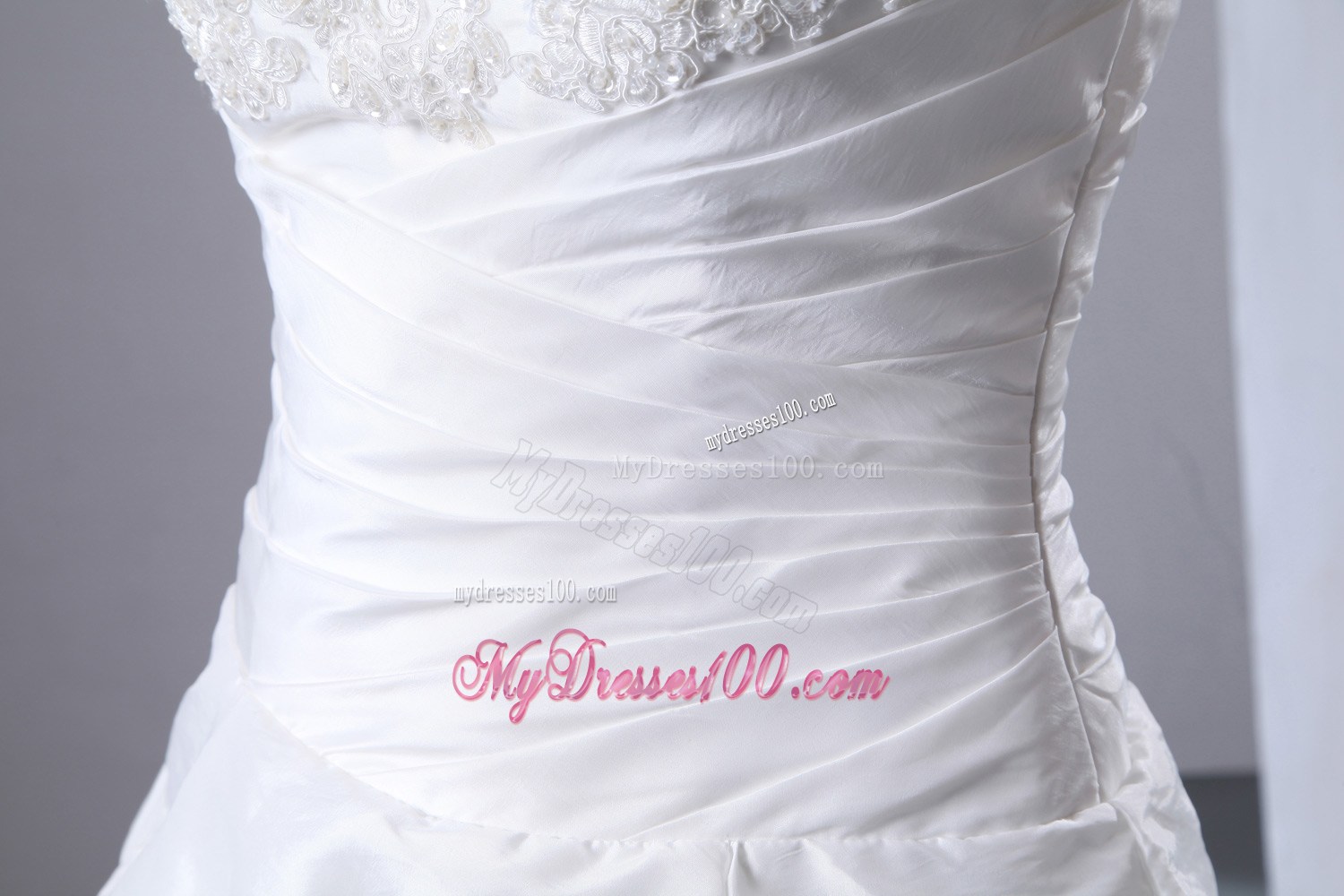 V-neck Floor-length Taffeta Wedding Dress with Appliques and Pick-ups